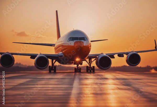 Fototapeta A commercial airplane takes off into the sunset with a vibrant orange sky in the background The scen