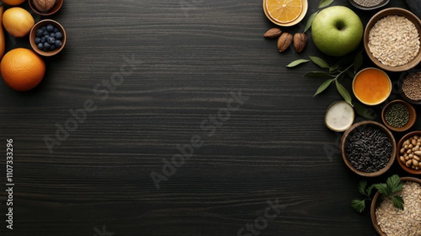 Fototapeta Variety of fruits, nuts, seeds, and grains arranged on a dark wooden surface, including oranges, blueberries, almonds, apple, oats, and more.