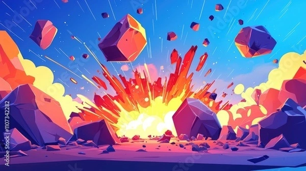 Obraz A bright explosion with falling rocks in a cartoon style
