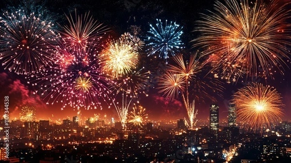 Fototapeta new year fireworks display with 2025, dusk urban environment, joyful group celebration, handheld sparklers glow, city building outlines, authentic moment capture, low light photography