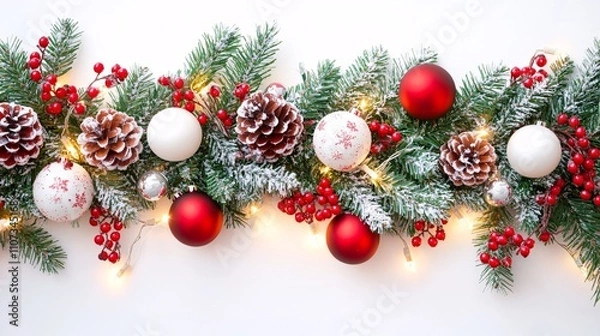 Obraz christmas border design, pine branches garland, matte red baubles, frosted white ornaments, warm led string lights, ruby red berries, festive pinecone decorations, detailed pine needles, bright white
