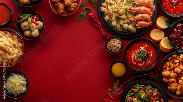 Fototapeta Set of a variety of traditional Chinese New Year food on the red table. Generative AI.