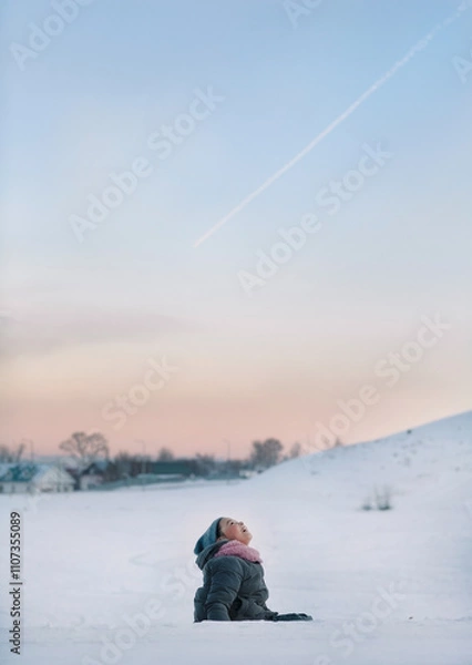 Obraz the girl saw a flying plane and looks at it joyfully