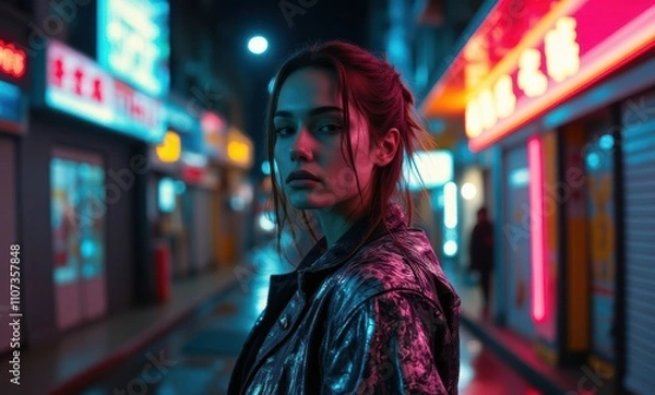 Fototapeta Young woman in neon-lit city street