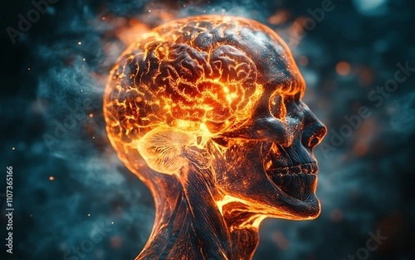 Fototapeta Digital rendering of a human head with xray anatomy, showcasing the painful regions of the brain during a migraine or headache