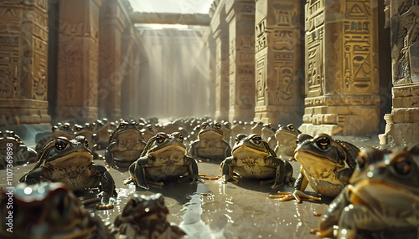Obraz The Second plague of Egypt, Plague of Toads Swarm in Egyptian Temples, Illustration from the Book of Exodus
