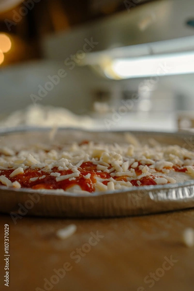 Fototapeta A side-angle view of a fully topped pizza on a tray showcases its texture and freshness.