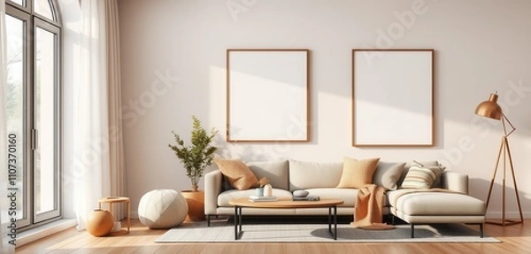 Obraz Two Vertical Poster Frames Mockup in Warm-Toned Scandinavian Interior 3D render