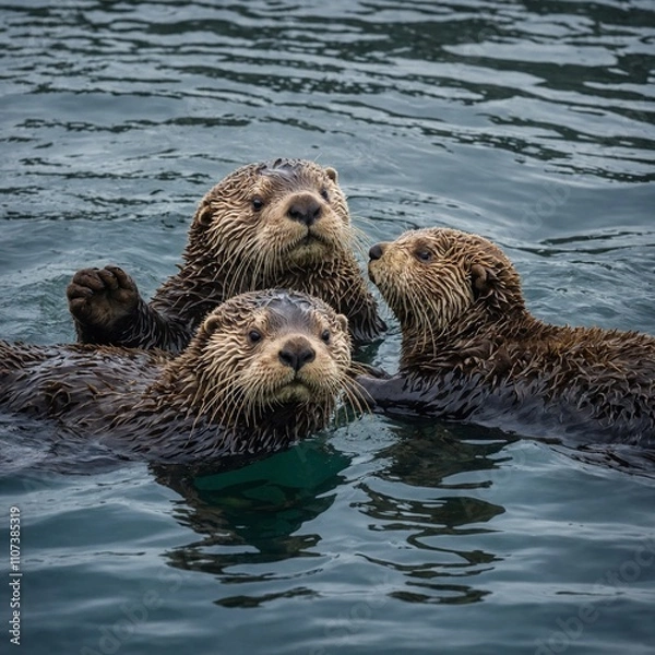 Fototapeta Sea otters playing in a kelp forest near a rugged Alaskan coastline.

