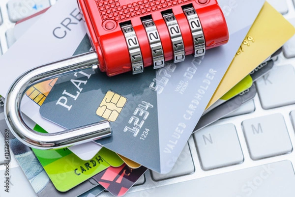 Fototapeta Cybersecurity, online fraud prevention, personal data encryption and protection, credit card security : Several credit cards with a red combination padlock placed over a computer keyboard.