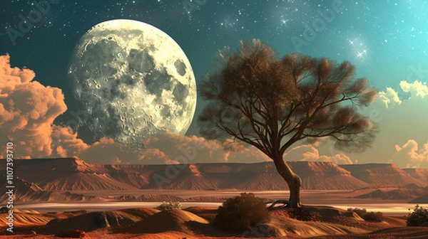 Fototapeta A lone tree in a desert landscape, with a giant moon rising in the background.