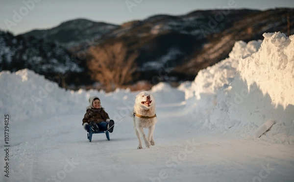 Obraz Husky rides his little master boy and he is happy