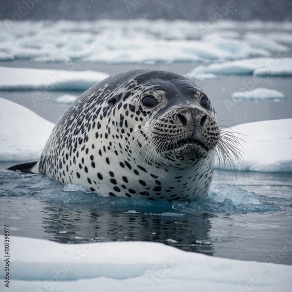 Fototapeta A leopard seal hunting penguins in icy waters near a snowy forest.

