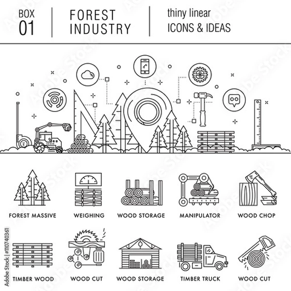 Fototapeta Forest industry in modern thin linear style with various timber