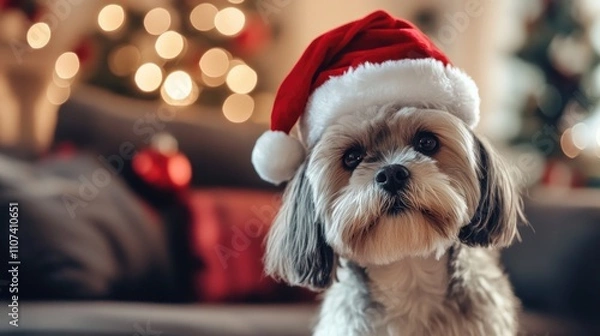 Fototapeta Fluffy Dog in a New Year's cap sits against the background of an apartment decorated for Christmas, cozy home