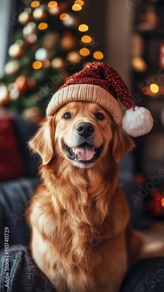 Fototapeta Fluffy Dog in a New Year's cap sits against the background of an apartment decorated for Christmas, cozy home