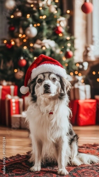 Fototapeta Fluffy Dog in a New Year's cap sits against the background of an apartment decorated for Christmas, cozy home