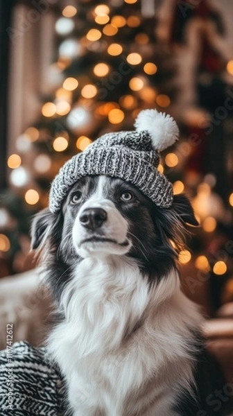 Fototapeta Fluffy Dog in a New Year's cap sits against the background of an apartment decorated for Christmas, cozy home