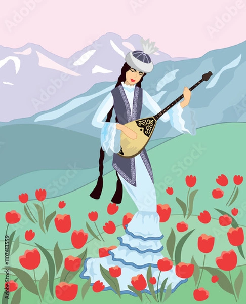 Fototapeta Vector image of a young girl in a Kazakh national costume with a dombra in her hands against