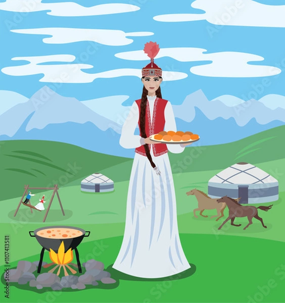 Obraz Vector image of a young girl in a Kazakh national costume with a plate in her hands against