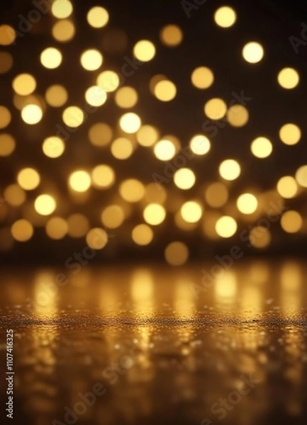 Fototapeta Blurry golden bokeh lights in various sizes and shapes, festive, golden, lights