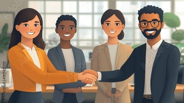 Obraz 2D cartoon of people of different nationalities shaking hands after a successful deal, with an office scene in the background.