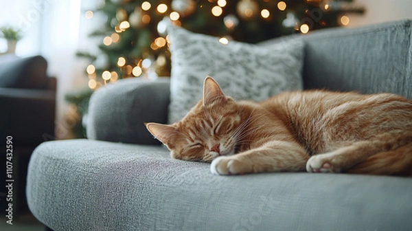 Fototapeta A cute cat sleeps on a sofa against the backdrop of a decorated Christmas tree on a winter day