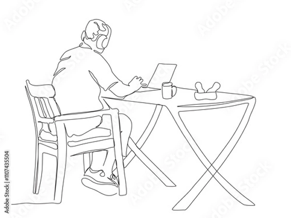 Fototapeta Man in headset using notebook at street cafe table with cup and snack. Continuous line drawing. Black and white vector illustration in line art style.