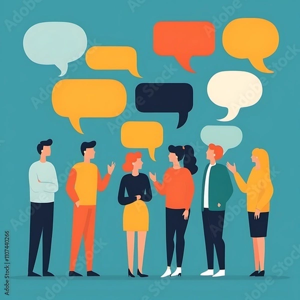 Obraz Flat illustration people talking with speech bubbles, communicating and interacting vector illustration clipart
