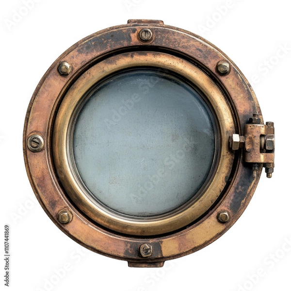 Fototapeta Nautical porthole with a vintage design showcasing brass details isolated on transparent background cutout png
