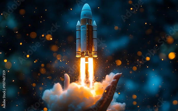 Obraz Cosmic Launch: Space Rocket from Woman's Hand