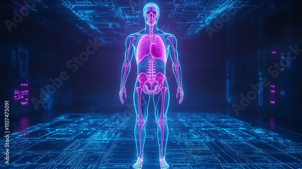 Fototapeta Surreal virtual X-ray of human full body parts with transparency of bone with blue and pink light hologram. Medical science and technology concept. Generative AI.