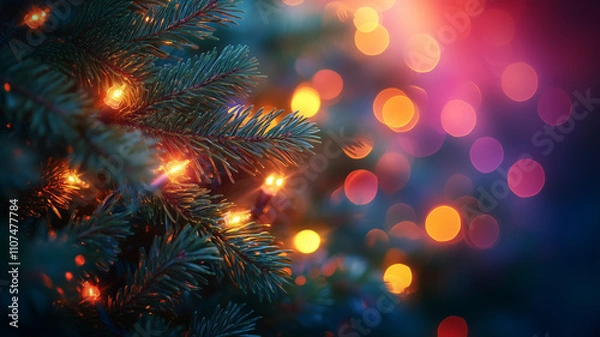 Fototapeta Christmas tree branch with colorful holiday lights and vibrant bokeh