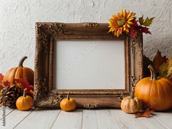Fototapeta An ornate empty frame surrounded by Thanksgiving-themed decorations like pumpkins and autumn leaves.