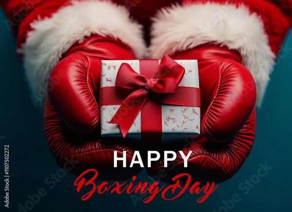 Obraz lose-up of Santa Claus’s hands in bright red boxing gloves, holding a gift wrapped in colorful paper, against a smooth gradient blue background.