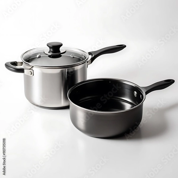 Fototapeta Saucepan kitchen instruments tools dark selver or black metal body color transparent or white background  image