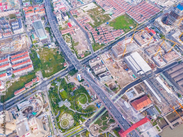 Fototapeta The drone aerial view of YangPu bridge and HuangPu river in Shanghai, China.