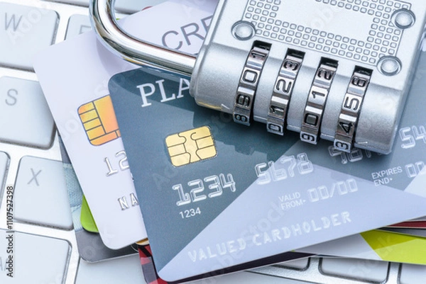 Fototapeta Cybersecurity, online fraud prevention, personal data encryption and protection, credit card security : Several credit cards with a silver combination padlock placed over a computer keyboard.