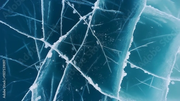 Fototapeta Aerial view of blue ice cracks at lake Baikal. Arctic frozen water surface in winter. Northern natural glacial icy texture background. Snowy crystal clear top view of a majestic organic pattern.
