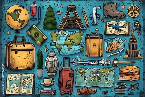 Obraz Colorful illustration of travel icons including landmarks, transportation, and luggage.