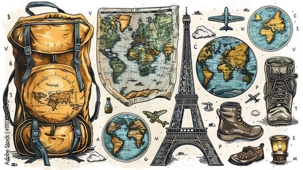 Obraz Vintage travel illustration with backpack, maps, Eiffel Tower, boots, globe, and airplane.