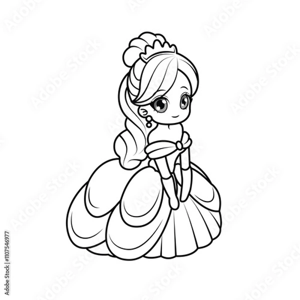 Obraz Adorable chibi princess with big eyes. Perfect black-and-white outline for coloring pages. Belle