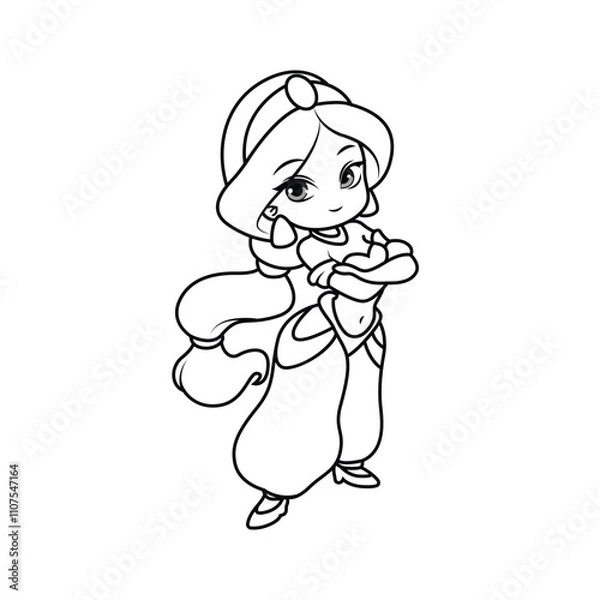 Obraz Adorable chibi Jasmine princess with big eyes. Perfect black-and-white outline for coloring pages.