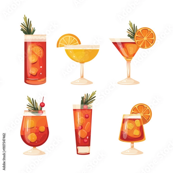 Obraz Set of six stylish cocktail illustrations featuring vibrant drinks garnished with orange slices, rosemary, and cherries. Perfect for bar menus, party invitations. Modern and vibrant vector art.