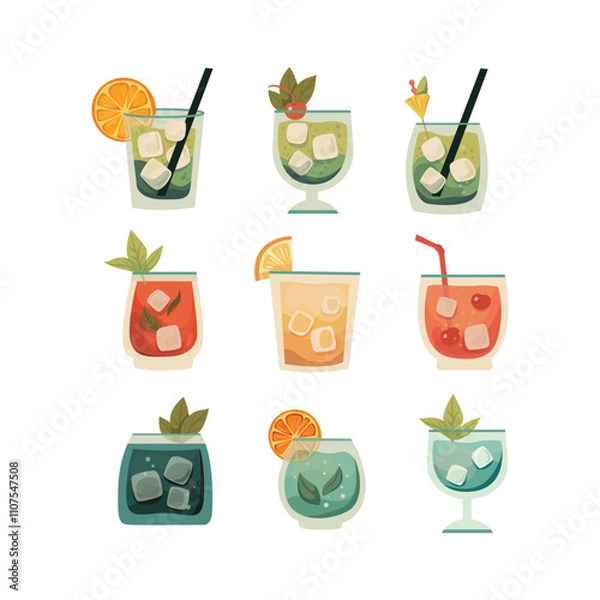 Obraz Collection of nine colorful cocktail illustrations in a variety of glasses, garnished with fruits, leaves, and straws. Perfect for beverage branding, menu designs, or summer party invitations. 