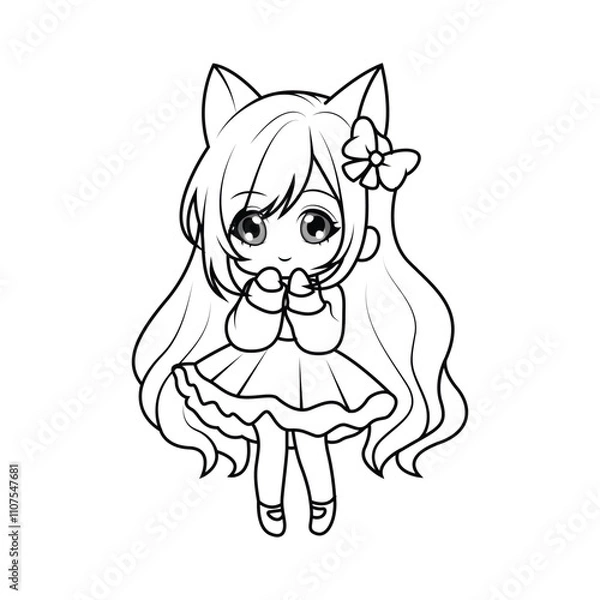 Obraz Adorable chibi girl with big eyes and cute cat ears. Perfect black-and-white outline for coloring pages.