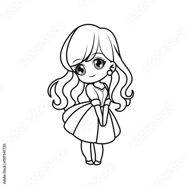 Obraz Adorable chibi girl with big eyes. Perfect black-and-white outline for coloring pages. Belle
