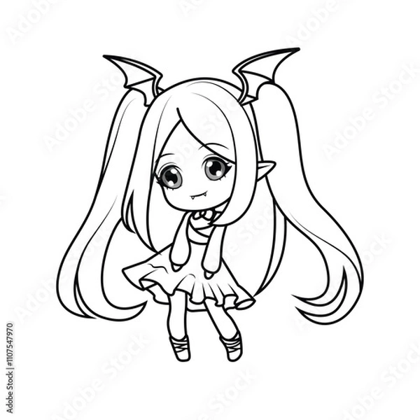 Obraz Adorable chibi vampire girl with big eyes. Perfect black-and-white outline for coloring pages.