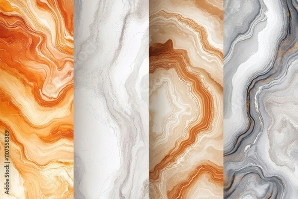 Fototapeta Trendy marble and stone designs. A range of watercolor and ink digital backdrops showcasing tones of white, brown, orange, gray, and beige