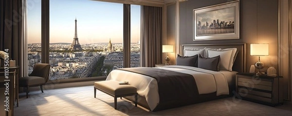 Fototapeta Luxurious hotel room overlooking eiffel tower in paris at sunset